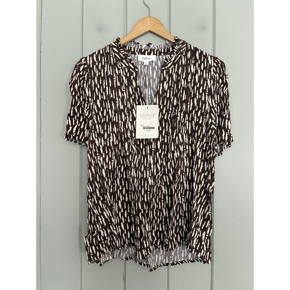 NWT Bohme Top S Small Brown White V-Neck Ruffle Short Sleeves 100% Rayon NEW